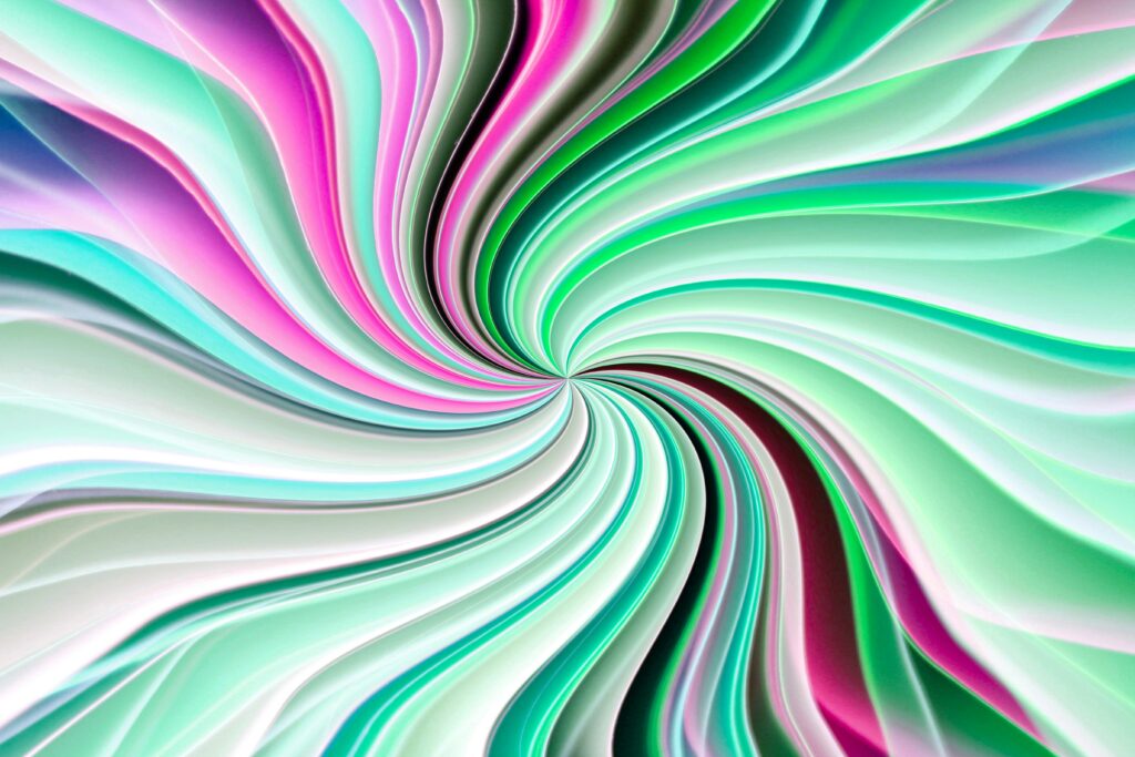 Dynamic abstract artwork featuring a swirling pattern in vibrant green, pink, and white hues.
